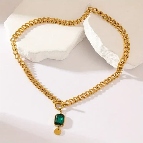 Chunky Chain Emerald Pendant Necklace