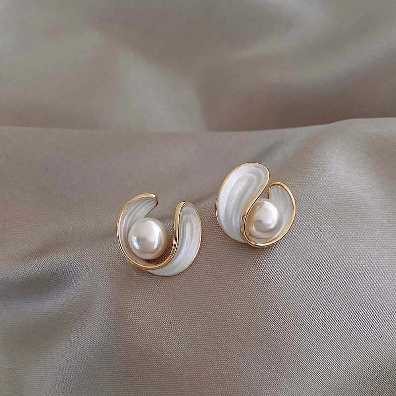 Elegant White Opal and Pearl Earrings in Gold
