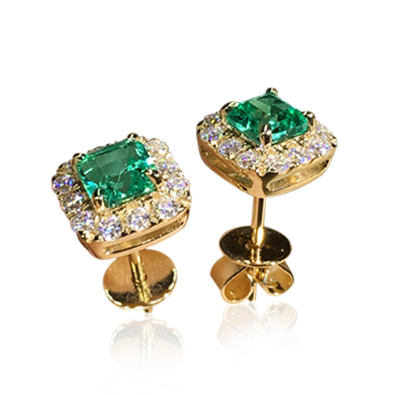 Gold Emerald Square Halo Stud Earrings
