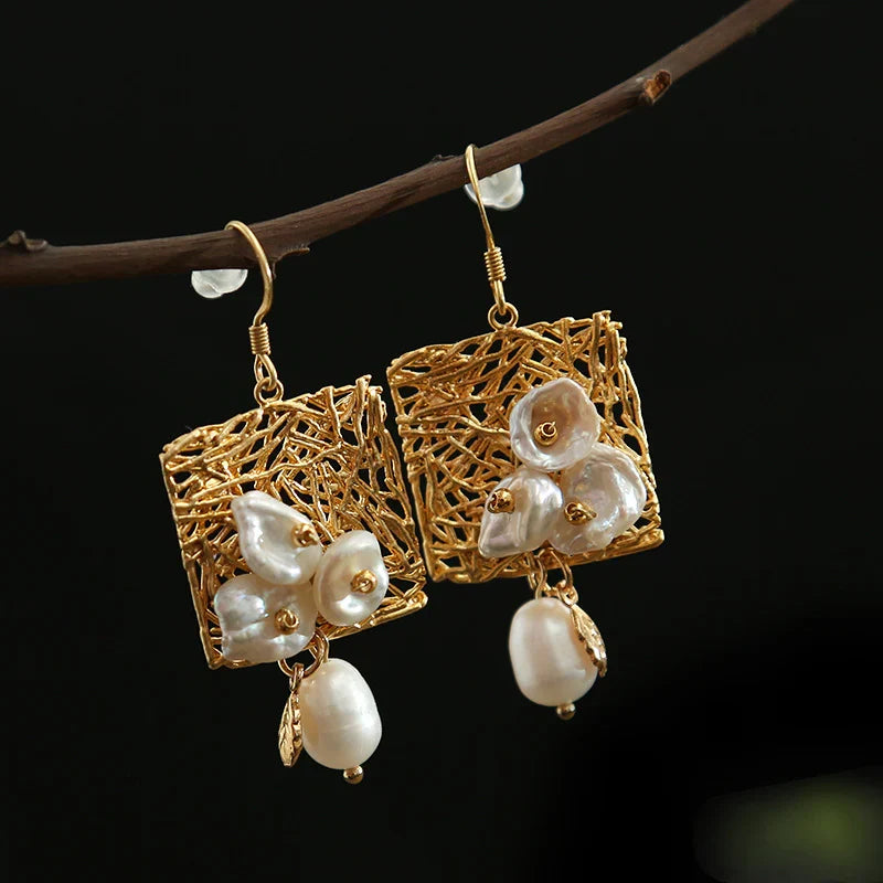 Vintage White Pearls and Flowers Earrings