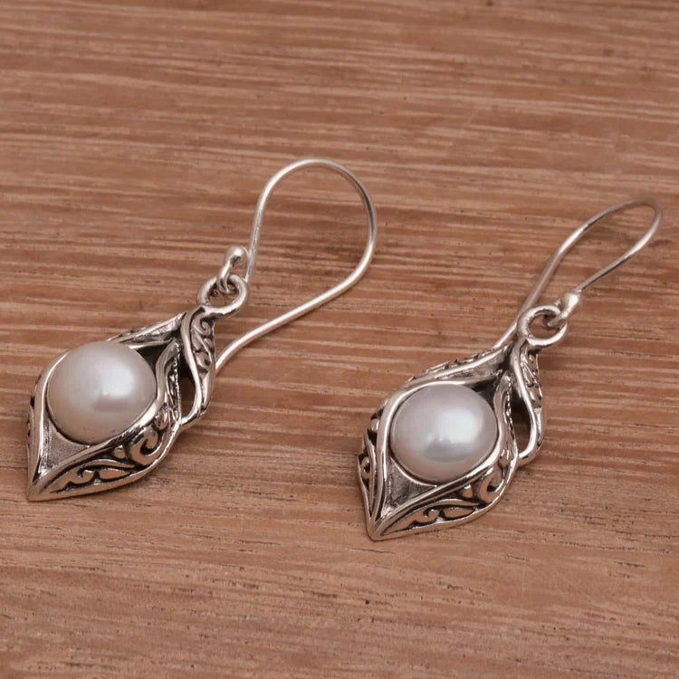 Vintage Dangling Pearl Silver Earrings