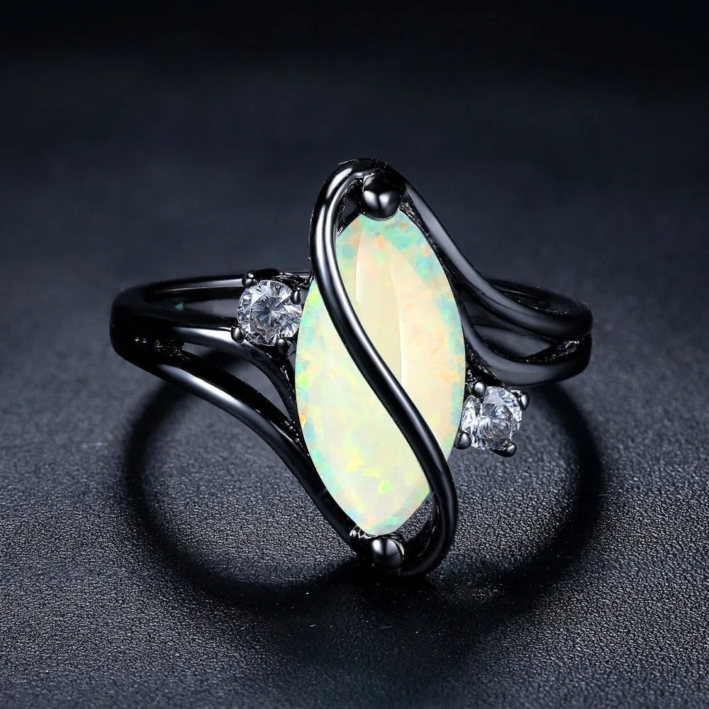 Vintage Black Silver Opal & Crystal Accent Ring