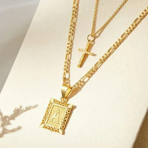 Cross Initial Necklace Set