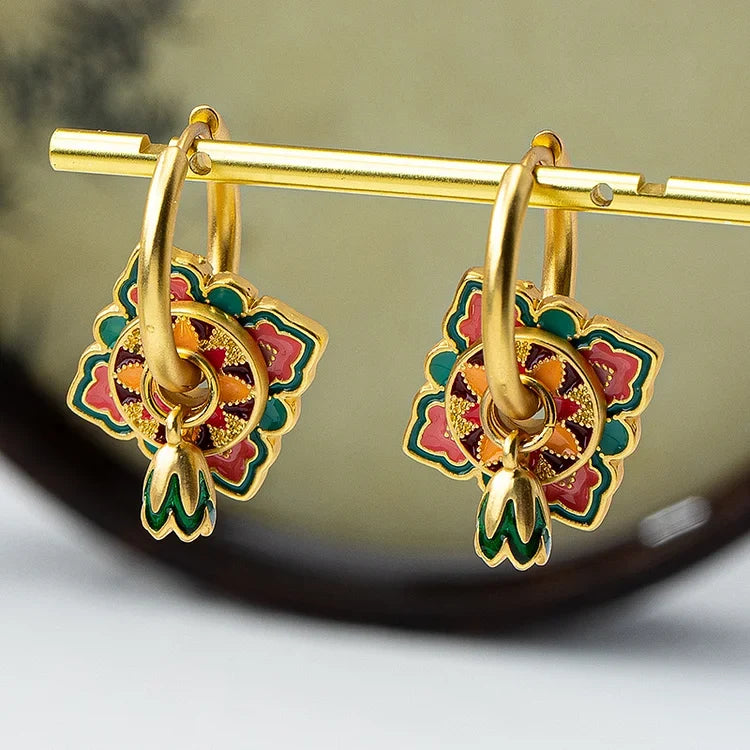 Vintage Enamel Copper Plated Flower Earrings