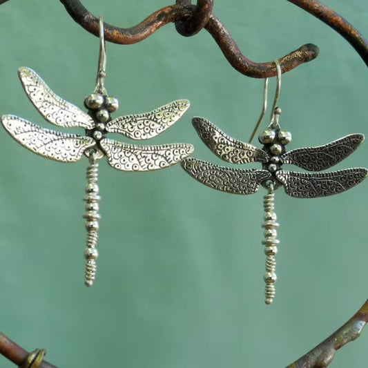 Silver Vintage Dragonfly Carved Pattern Retro Earrings