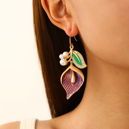 Vintage Calla Lily Flower Pearls Earrings