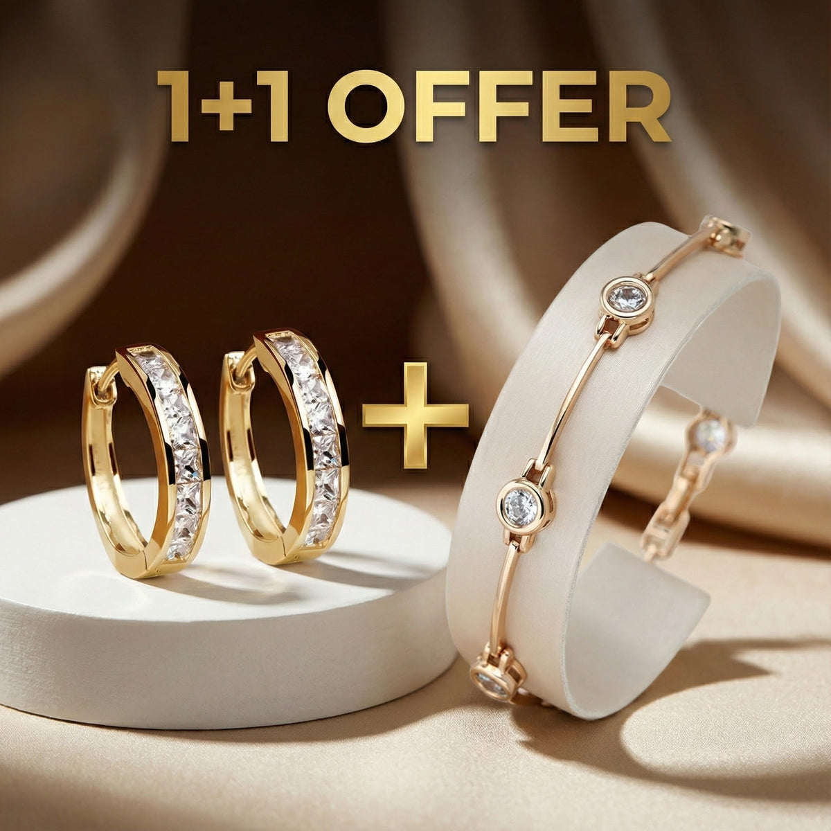 1+1 Offer: Elegant Gold and Crystal Earrings + Elegant bracelet with zirconias in gold
