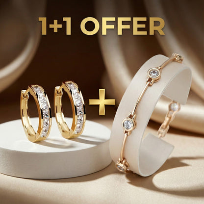 1+1 Offer: Elegant Gold and Crystal Earrings + Elegant bracelet with zirconias in gold