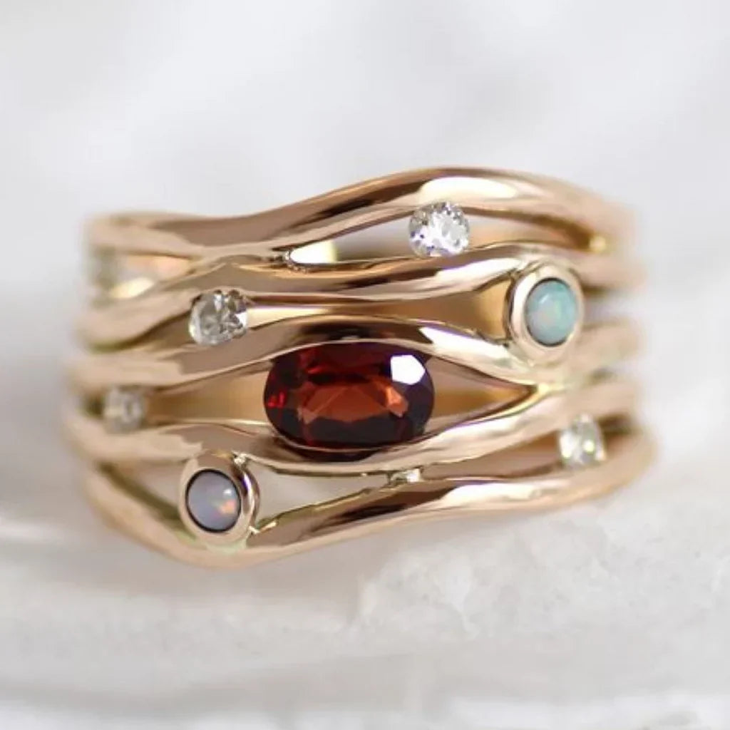 Vintage Multi-Stone Gold Wave Ring