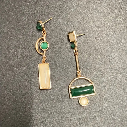 Gold Emerald Geometric Drop Earrings