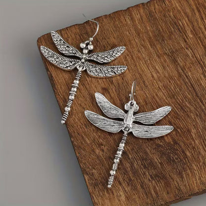 Silver Vintage Dragonfly Carved Pattern Retro Earrings