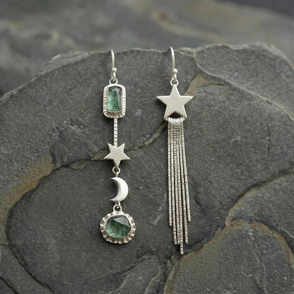 Vintage Asymmetric Star Tassel with Moon and Crystals Inlay Earrings