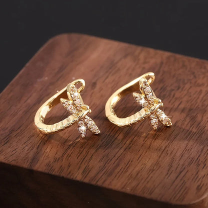 Vintage Round Inlaid Zirconia Dragonfly Earrings