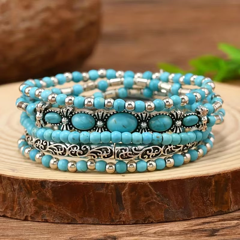 Bohemian Vintage Style Turquoise Beaded Bracelet Set