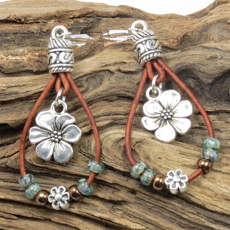 Bohemian Leather Cord Flower Earrings