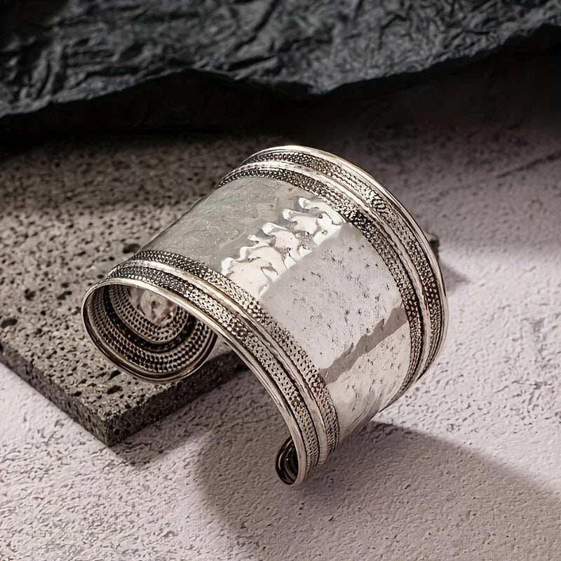 Vintage Boho Hammered Silver Plated Wide Cuff Bracelet