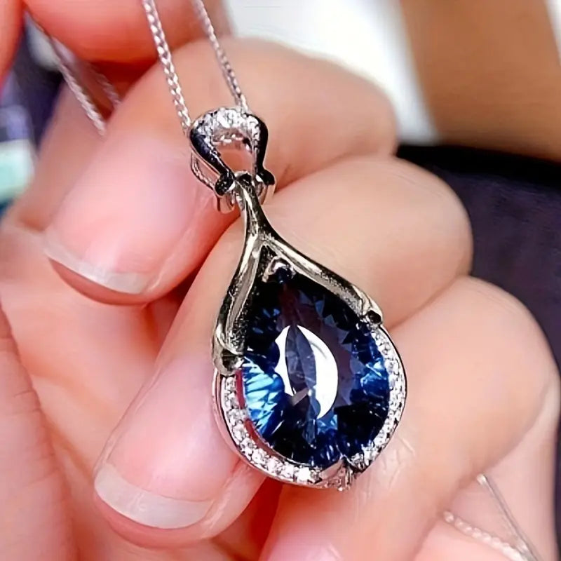 Silver Sapphire Teardrop Necklace