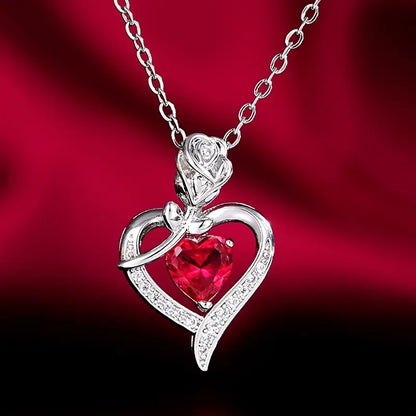 Silver Ruby Heart Pendant Necklace