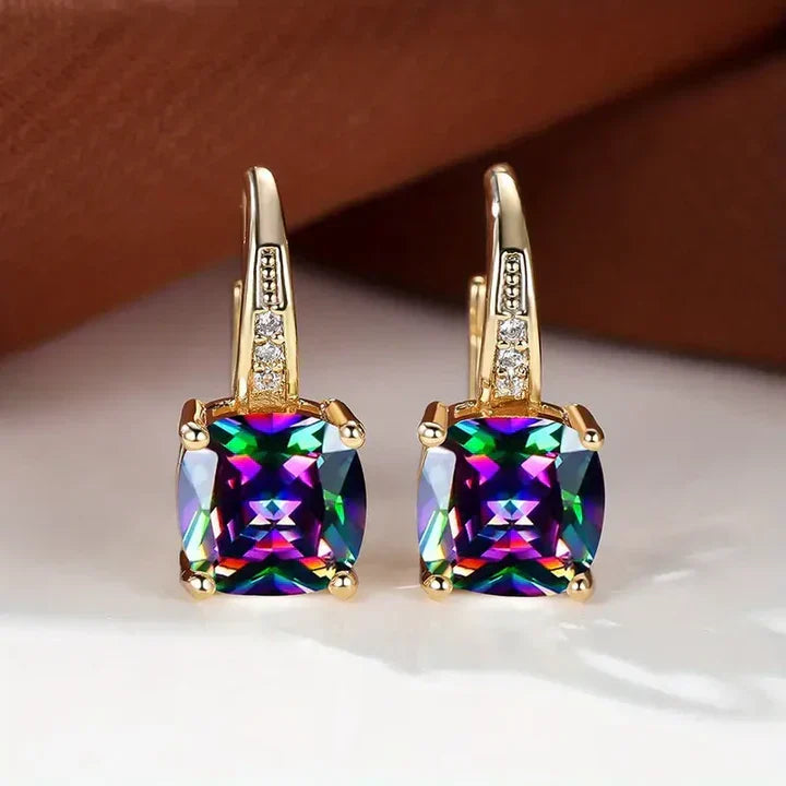 Mystic Gemstone Stone Hoop Gold Earrings