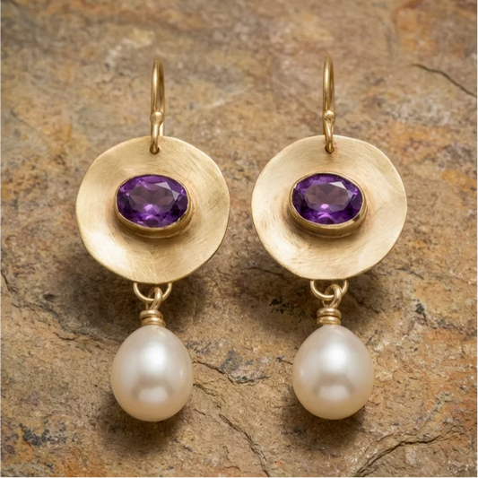 Vintage Golden Purple Zirconia Pearl Earrings