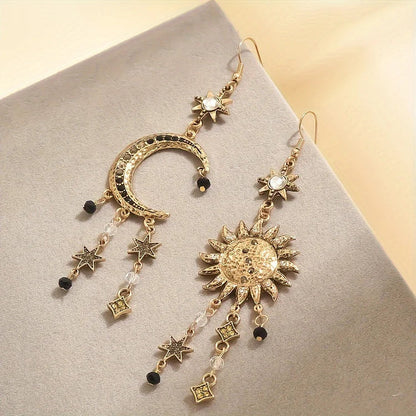 Vintage Sun Moon Design Rhinestone Inlaid Asymmetric Dangle Earrings