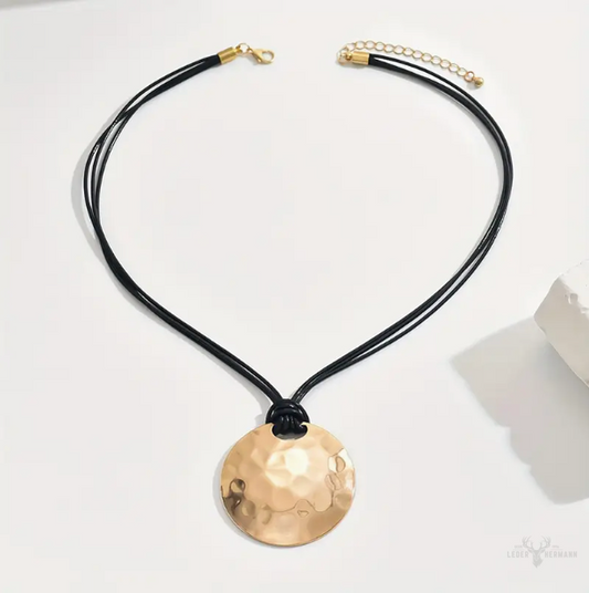 Vintage hammered gold pendant necklace with more adjustable leather strap