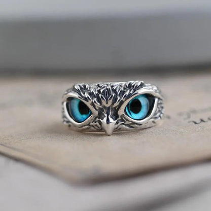 Owl of Luck – Silver Adjustable Ring with Opal