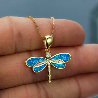 Elegant Gold Dragonfly Necklace with Opal Accent