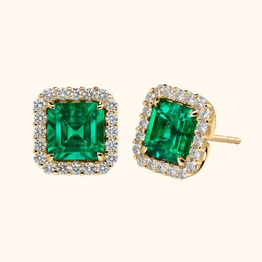 Gold Emerald Square Halo Stud Earrings