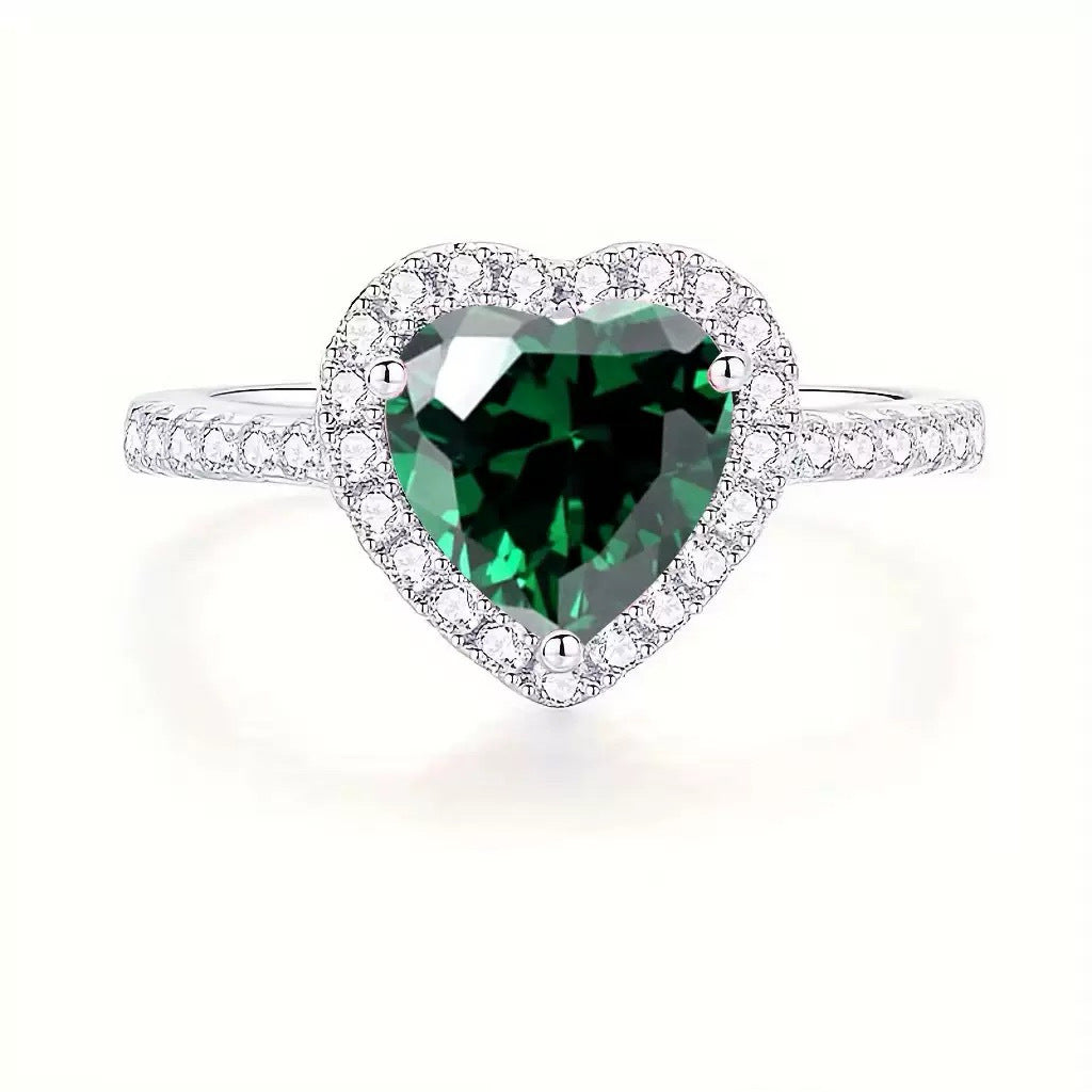 Silver Emerald Heart Halo Ring