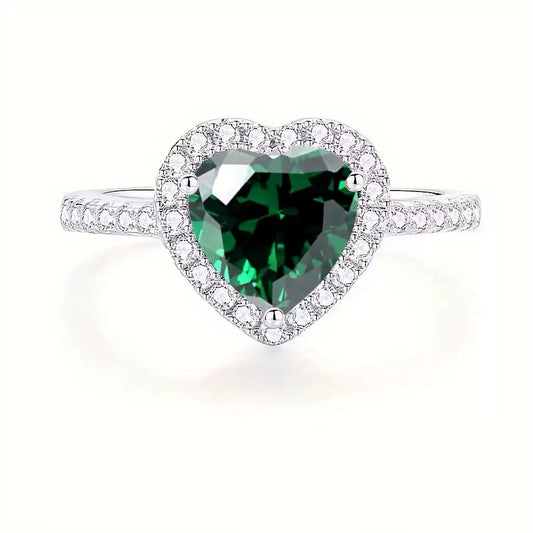 Silver Emerald Heart Halo Ring