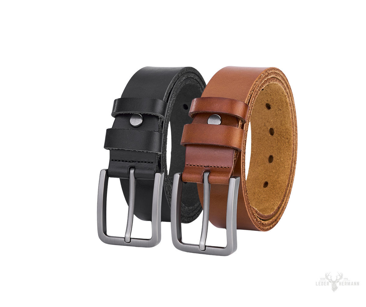 Set of 2 round leather belts in black and cognac