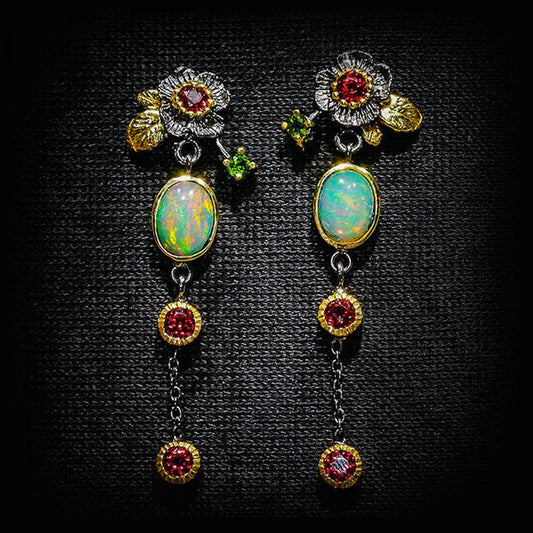 Vintage Earrings with Blue Opal and Red Crystals in Gold