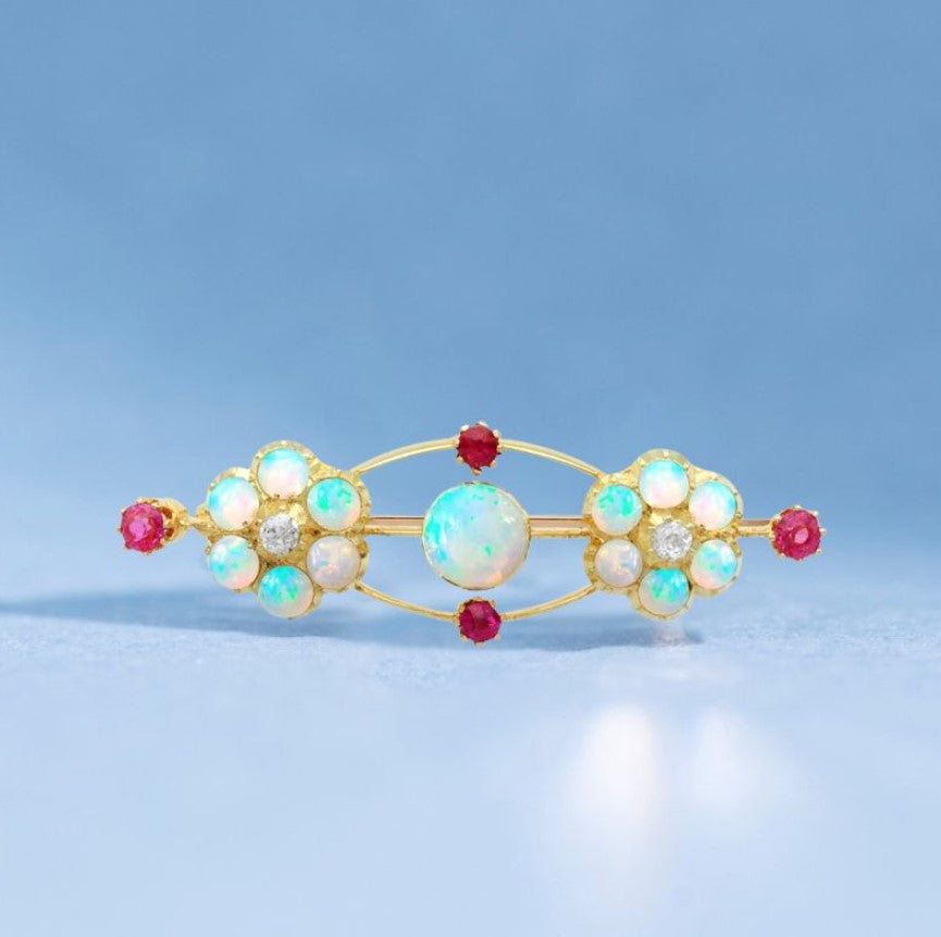 Golden Round Cut Opal & Ruby Brooch