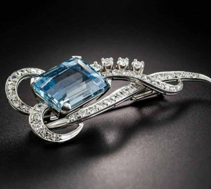 Vintage Emerald Cut Aquamarine Sapphire Brooch