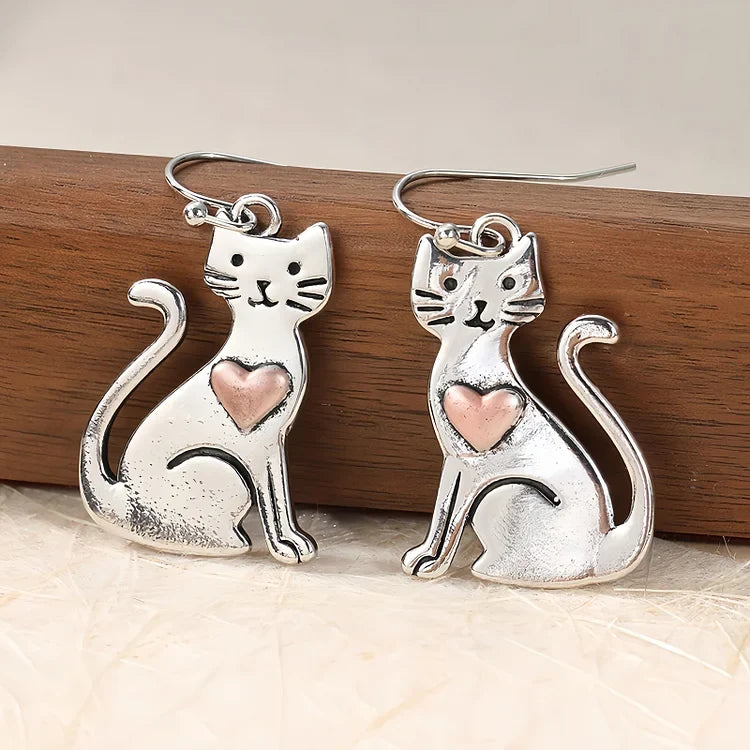 Vintage Cute Cat with Heart Earrings