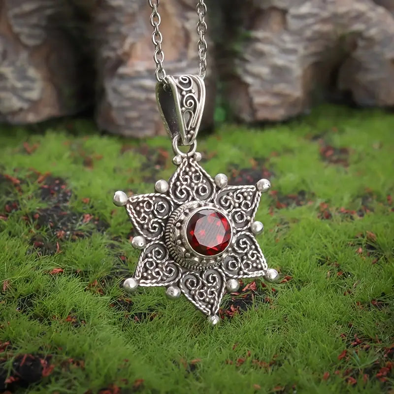 Silver Ruby Star Pendant Necklace
