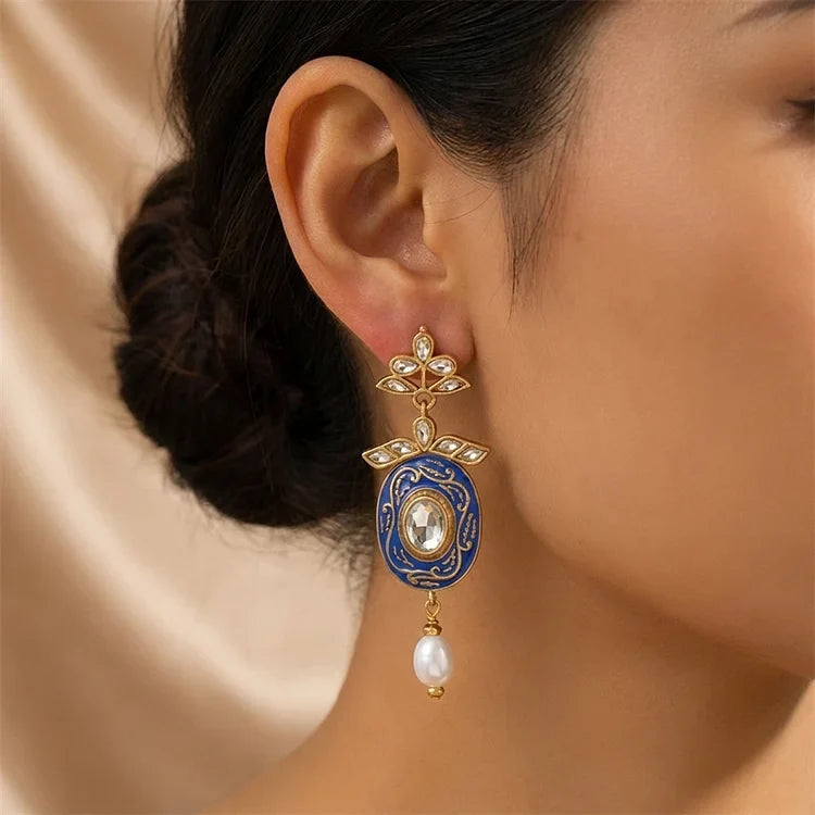 Vintage Royal Blue Enamel Pearl Earrings