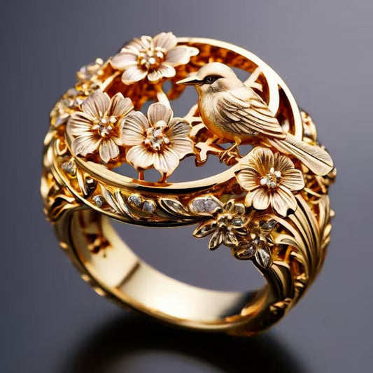 Golden Hollow Floral Bird Ring