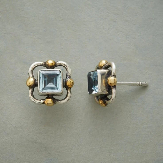 Vintage Blue Zirconia Cube Stud Earrings