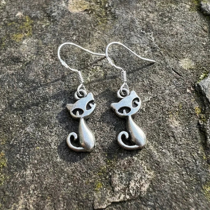 Vintage Tiny Cat Statement Dangle Hoop Earrings