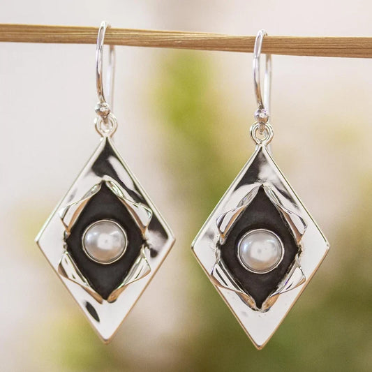 Vintage Inlaid Pearl Silver Earrings