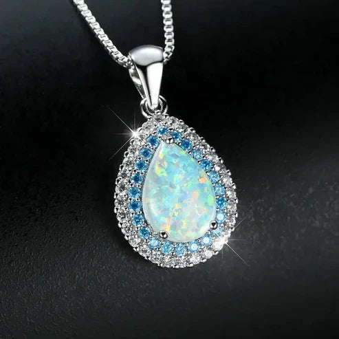 Elegant Blue Opal Drop Sparkling Necklace