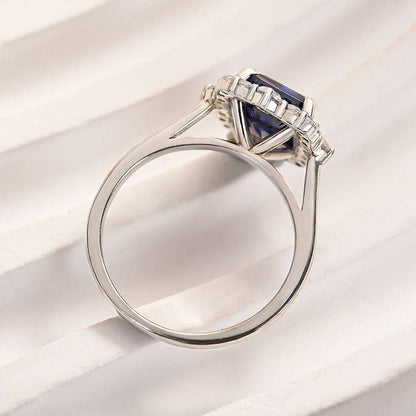 Halo Emerald Cut Blue Sapphire Ring