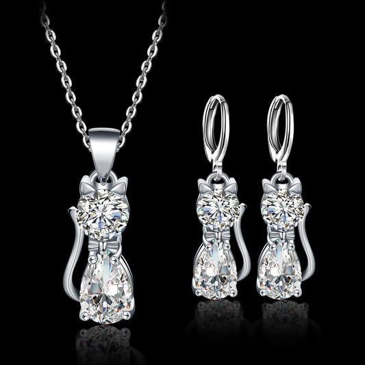 Set Necklace + Earrings Happy Cats in Silver and Polished White Zirconium